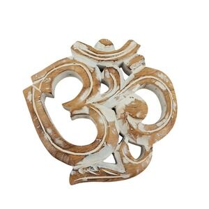 Hand Carved Wood Om Symbol Wall Art Distressed Whitewash Spiritual Decor 7"